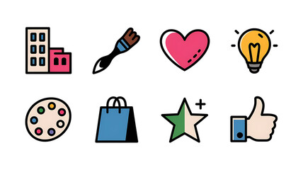 Colorful icons representing business, creativity, and social media.
