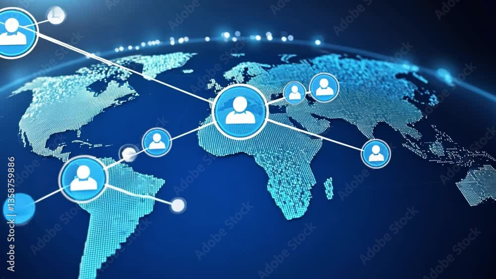 Poster global network connection concept with digital world map featuring social communication and user pro