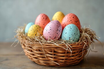Vibrant Easter Eggs Nestled in a Wicker Basket on a Rustic Wooden Table Surface