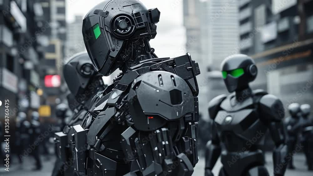 Poster futuristic robots in a urban setting with modern architecture and dark sky, depicting advanced techn