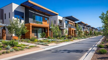 Eco-friendly residential neighborhood with modern architectural designs solar arrays lush communal gardens and energy-efficient lighting. 