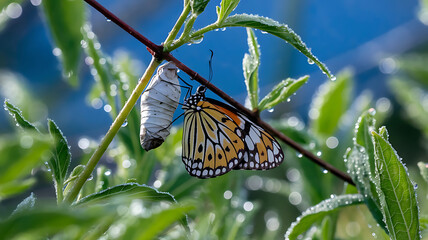 Emerging butterfly from chrysalis dew-kissed leaves