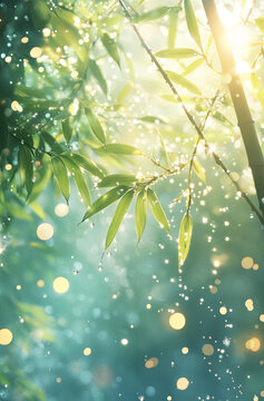 Bamboo leaves gracefully hanging over a serene water surface, sparkling light bokeh adds a dreamy, tranquil atmosphere to the soft green and blue background.

