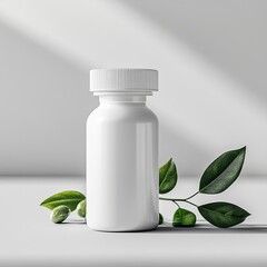 Blank white supplement bottle with green leaves (1)