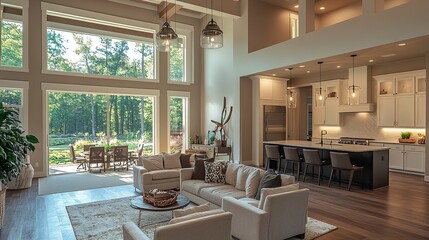 Fototapeta premium Elegant home interior high ceilings, a cozy living room with plush seating, and a minimalist kitchen with pendant lights serene and spacious. 