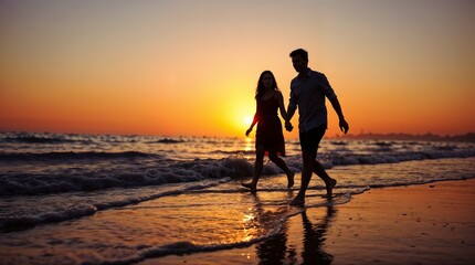 Couple walking hand in hand, romantic mood, on the beach at sunset