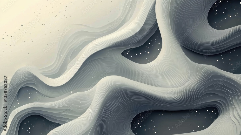 Poster minimalist silver-gray gradient background with abstract wavy lines and soft glowing spots. elegant 