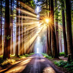 Nature’s Pathway A Peaceful Walk Through a Sun-Drenched Forest.