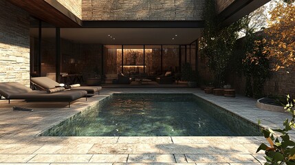 Elegant outdoor space with a pool framed by natural stone tiles stylish furniture on the patio blending into a spacious modern living area 