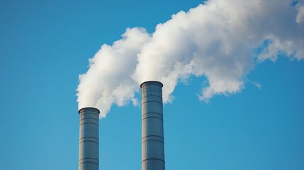 Industrial smokestacks emitting white smoke.
