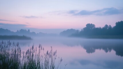 Obraz premium Misty dawn sky with floating, cotton-like clouds, soft pastel sunrise tones, ethereal and soothing ambiance