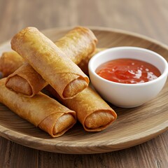  golden crispy spring rolls placed on a wooden plate with a small bowl of sweet and sour dipping sauce.