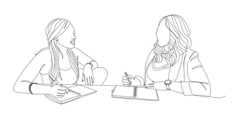 Minimalist Line Art of Two Women Having a Conversation and Taking Notes