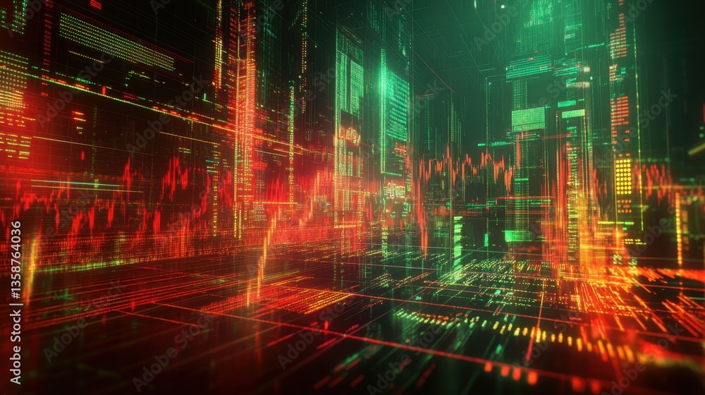 Poster modern financial interface showing inflation trends in glowing red and green lines on a digital char