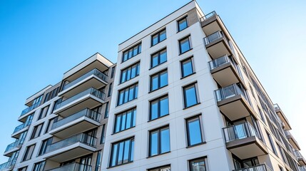 Fragment of a sleek residential apartment flat clean white facade large glass panels and subtle metallic accents under a clear blue sky.
