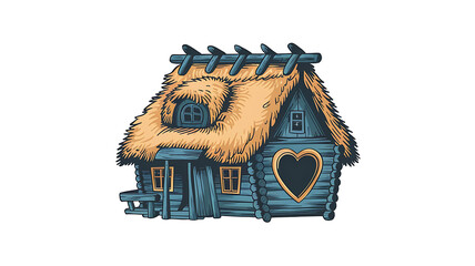 Rustic log cabin thatched roof vintage style illustration