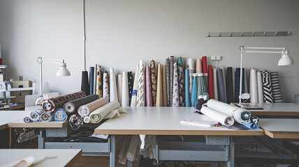 Sewing studio workspace with fabric rolls and sewing equipment