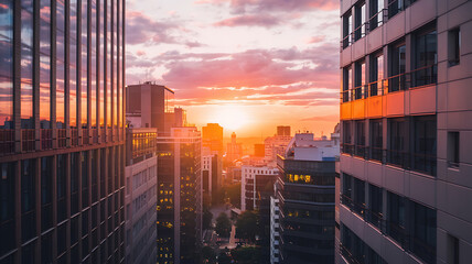 Urban sunset cityscape modern high-rise buildings vibrant colors