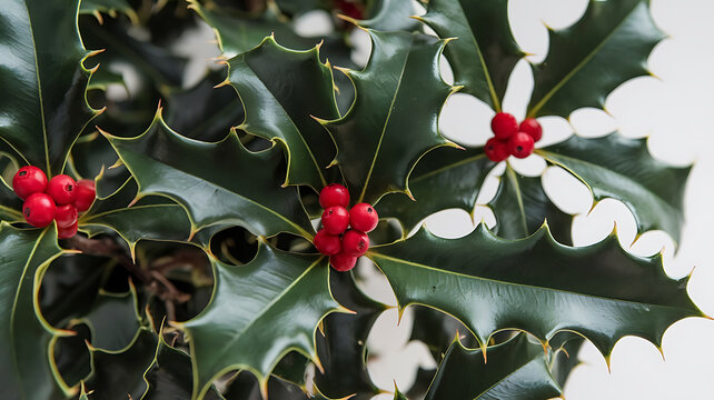 Close-up of vibrant holly leaves and berries Holiday botanicals Festive greenery