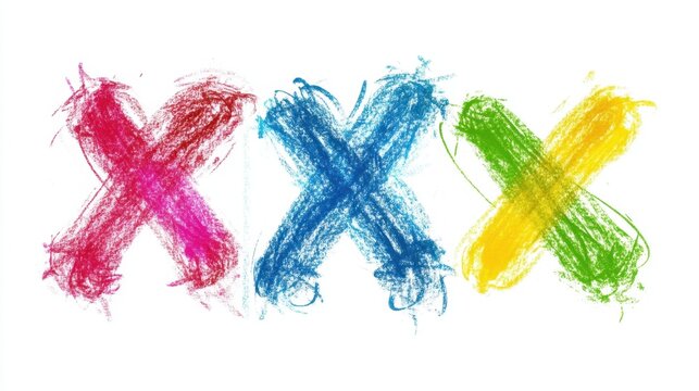 Photo grunge of hand-drawn tic tac toe XO game with vibrant crayon and wax pastel strokes, isolated on white, perfect for a playful design.