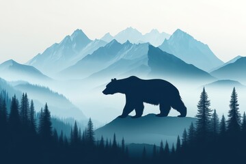 Silhouette of a bear walking in misty mountains and pine forest. It is perfect for outdoor adventure, travel or nature related designs.