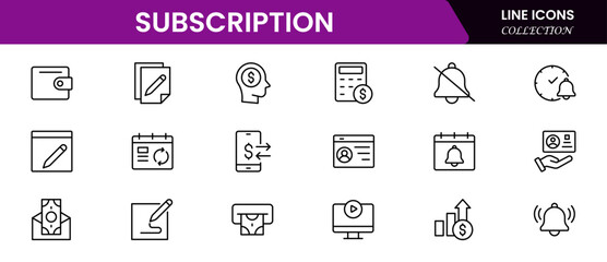 Subscription business icons such as service level agreement, churn, activation, billing, usage-based price, best customer experience, perks, and account vector thin line icons.