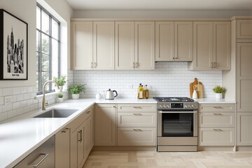 Fototapeta premium Contemporary kitchen interior with beige cabinets, white subway tile backsplash, and stainless steel appliances on a bright background. Ai generative