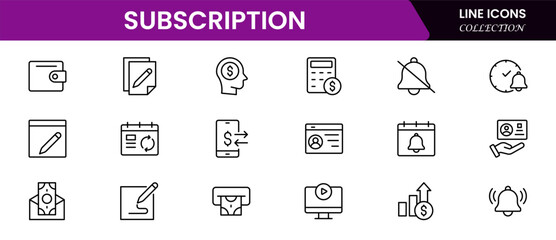 Subscription business icons such as service level agreement, churn, activation, billing, usage-based price, best customer experience, perks, and account vector thin line icons.