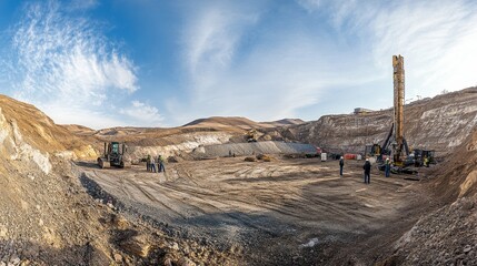 Panoramic View of Construction Site with Heavy Machinery in Action