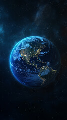 Fototapeta premium A realistic view of the Earth from space at night, highlighting North America and Mexico, with bright city lights glowing in blue tones on its streets and roads.