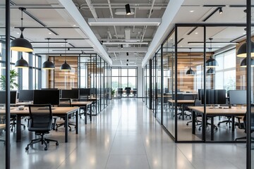 Contemporary office interior with glass partitions, open workspaces, wood accents, and industrial lighting in a modern design concept. Ai generative