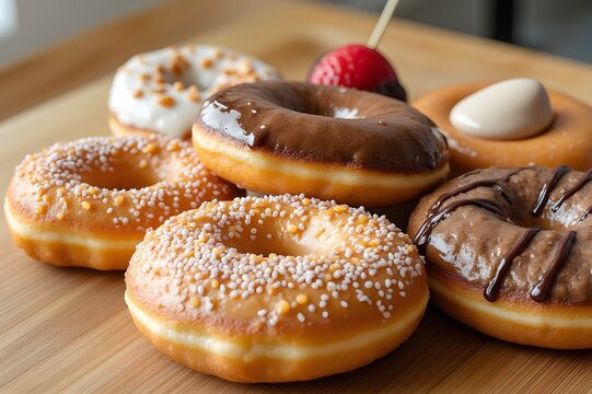 Chocolate, Glazed, and Sprinkled Donuts on Wooden Surface