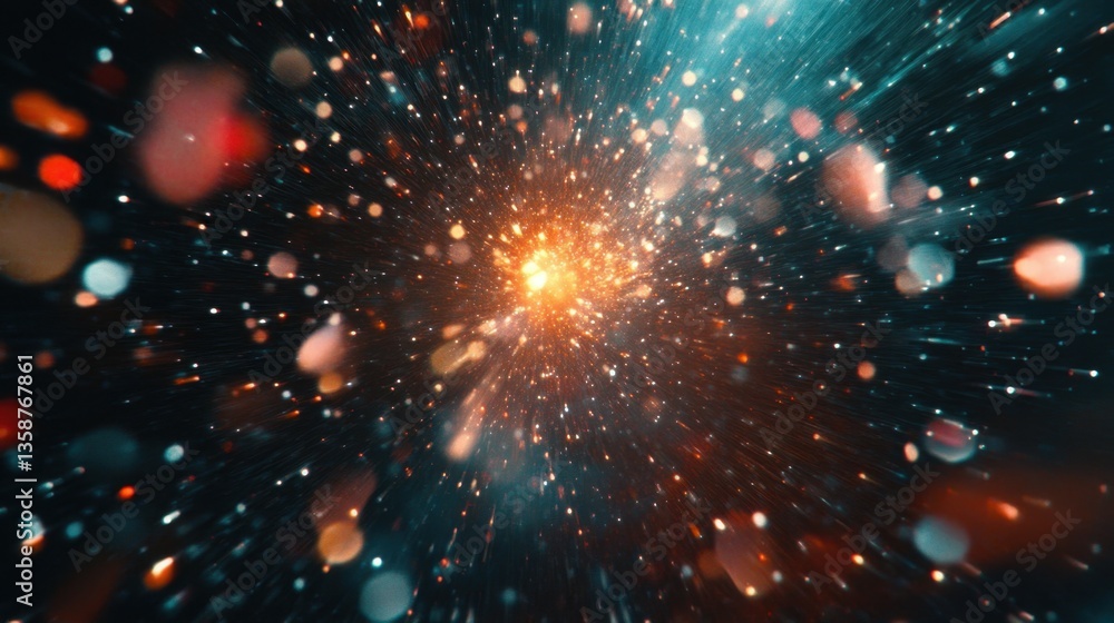 Poster pulsating digital wave, floating particles, abstract musical sound frequencies in a sci-fi atmospher