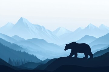 Silhouette of a bear against blue mountains and forest landscape. Use to illustrate nature, wildlife, travel, or conservation concepts.