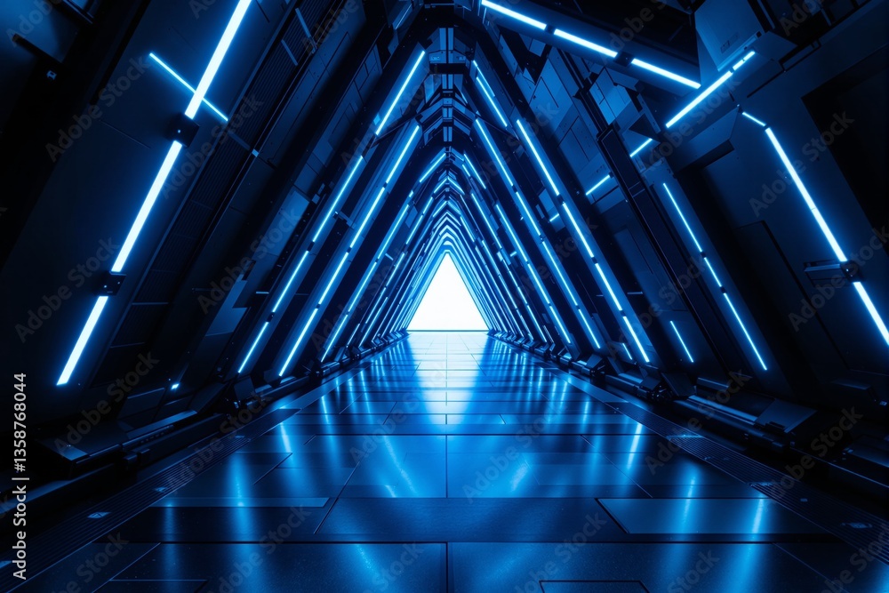 Poster sci-fi tunnel interior with blue neon lights and metallic panels, forming a triangular perspective. 