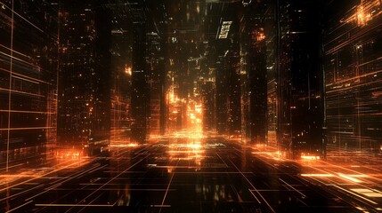Highly detailed, cinematic 3D render of an abstract, futuristic cityscape composed of glowing, wireframe skyscrapers and buildings emerging from a dark, minimalist background, with a grid-like floor