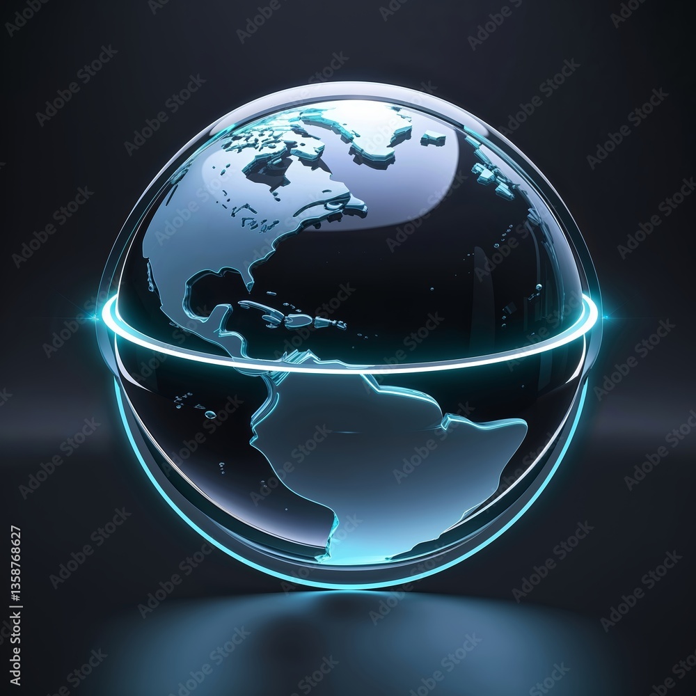 Poster representation of a transparent globe with glowing outlines showcasing the continents and oceans ill