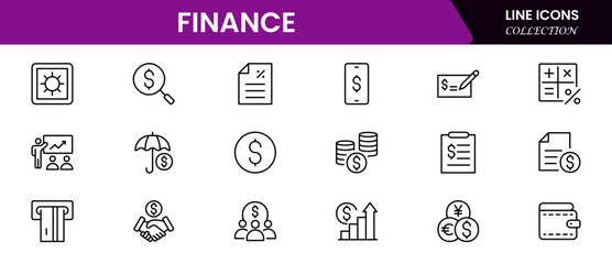 Vector business and finance line icon set with money, bank, check, law, auction, exchange, payment, wallet, deposit, piggy, calculator, web, and more isolated outline thin symbol