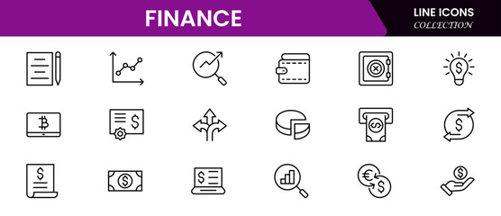 Vector business and finance line icon set with money, bank, check, law, auction, exchange, payment, wallet, deposit, piggy, calculator, web, and more isolated outline thin symbol