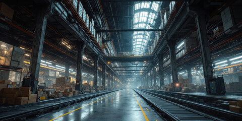 Obraz premium Underground Logistics and Freight Hub A subterranean logistics hub used for freight transportation, with high-rise shelves, automated sorting systems