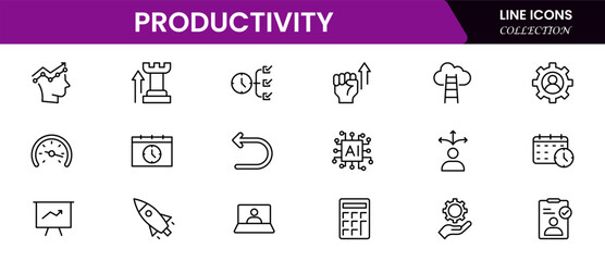 Productivity and efficiency. Outline icon collection. Linear business and leader symbols. Vector illustration.