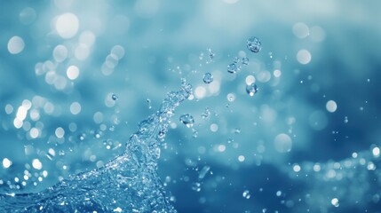 Refreshing blue water splash in motion, transparent liquid texture with floating air bubbles.