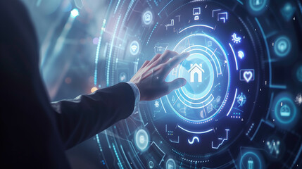 A hand reaching towards a glowing blue holographic interface with circular digital icons, representing smart technology, AI, and data visualization
