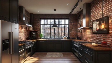 Industrial-style modern kitchen with exposed brick walls, dark cabinets, stainless steel appliances, and Edison bulb lighting fixtures.  