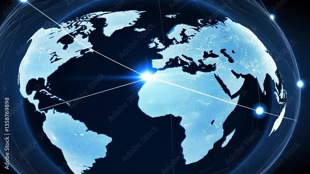 Poster detailed high-tech global network representation with illuminated continents and interconnected line