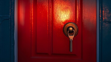 Obraz premium Key inserted in a bright red door glowing softly under evening light, symbolizing security and a sense of home. 