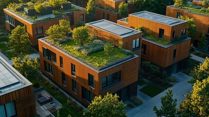 Fototapeta premium Low-energy residential complex with contemporary design green roofs and a community garden bright sunlight reflecting off minimalist facades. 