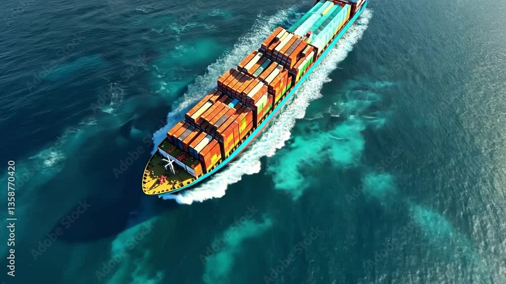 Poster aerial view of large container ship navigating through crystal clear ocean waters with vibrant blue 