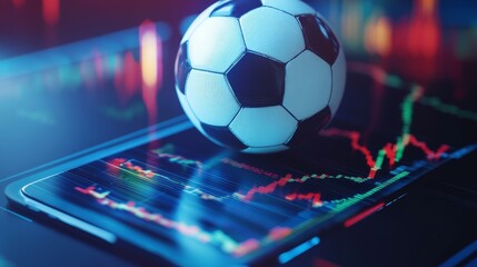 Isometric smartphone display, 3D soccer ball, real-time sports data visualization, stock market-style graphs and statistics, digital sports business and betting technology.