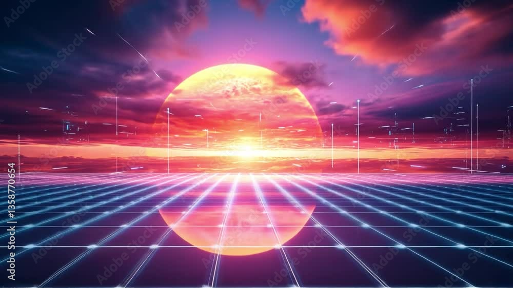 Poster vibrant cosmic landscape with futuristic grid and colorful dawn over a planet surrounded by clouds a